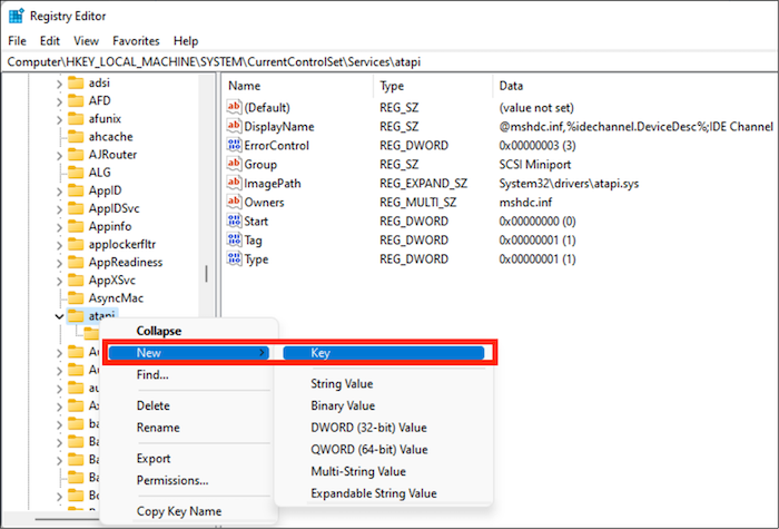 Create a new folder in Registry editor