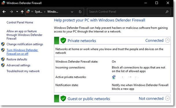 click on turn windows defender firewall on or off