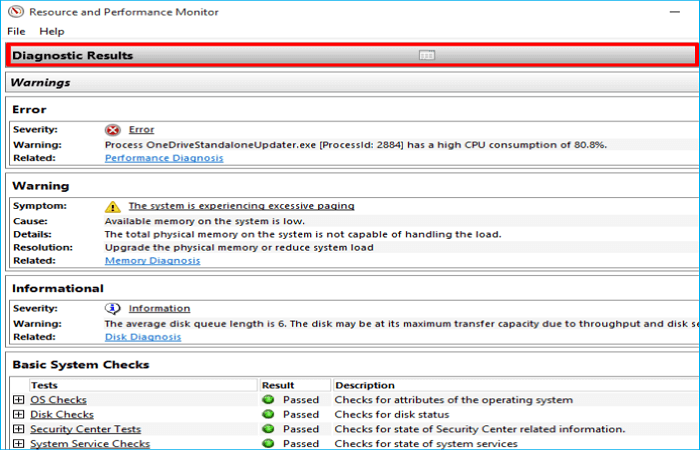 check the Diagnostics report