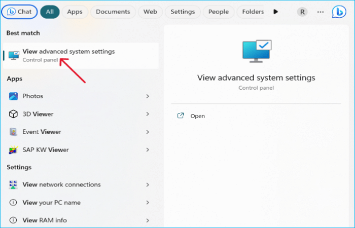 open View advanced system settings