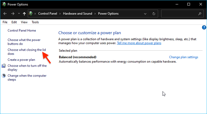 select Choose what closing the lid does