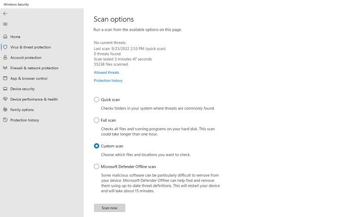 Scan Options Windows Defender