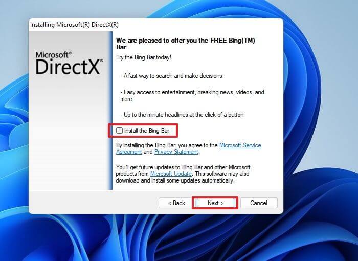 Install Directx but skip Bing Bar