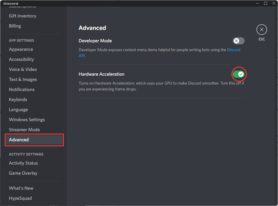 Discord advanced settings