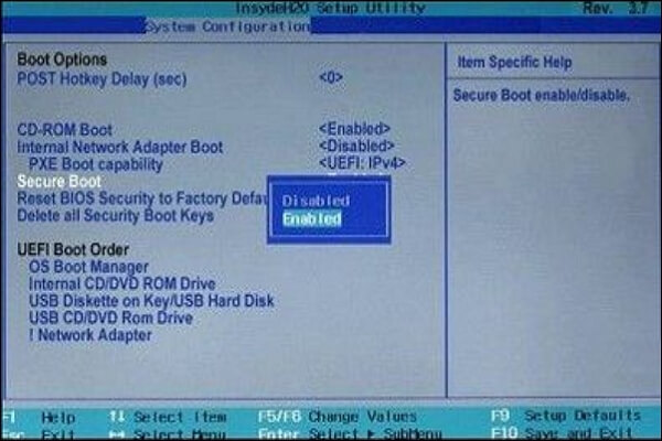 Disable secure more in Windows UEFI