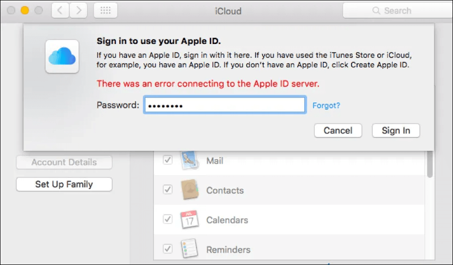 There was an error connecting to the Apple ID server