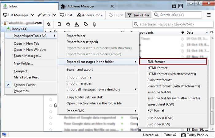 export in eml format