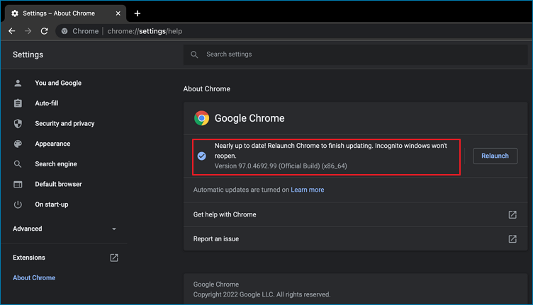 Google chrome version update completed.