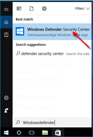 search Windows Defender Security Center