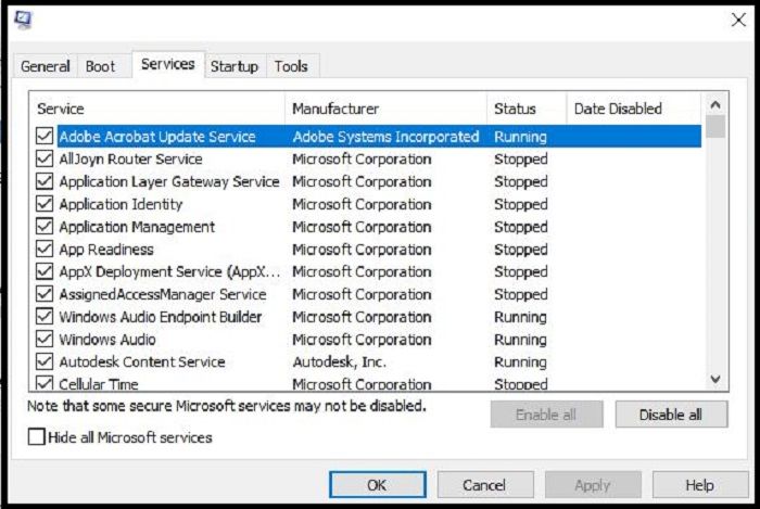 selecting hide all microsoft services option