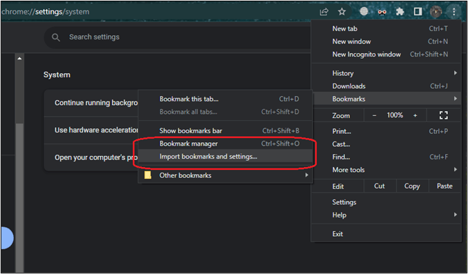 import bookmarks settings