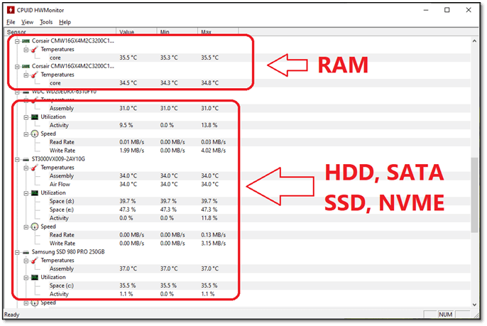 check RAM and Hard Drive temperatures