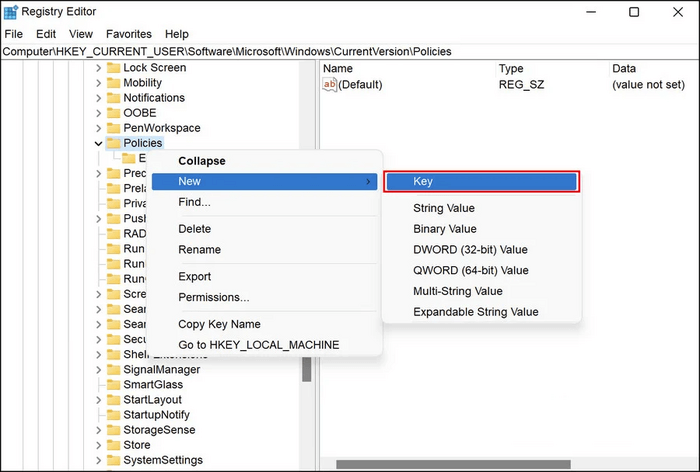 regedit policies new key