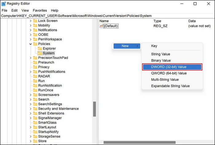 regedit policies system new dword