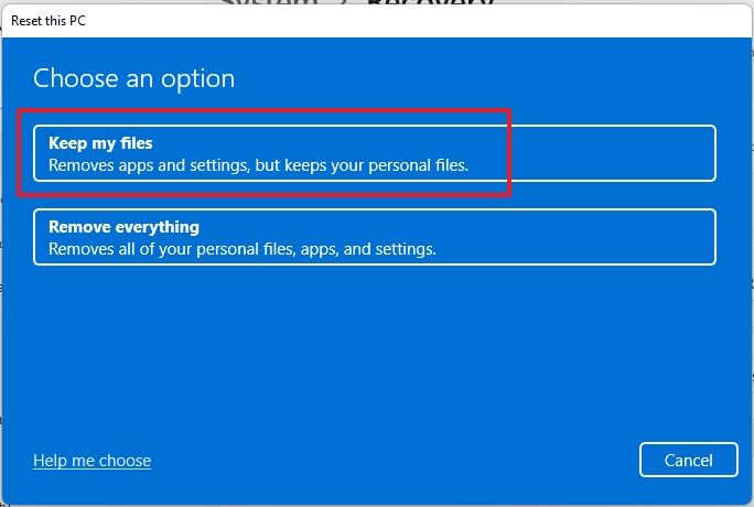 Keep my Files option in Windows PC