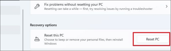 Reset PC option in Recovery