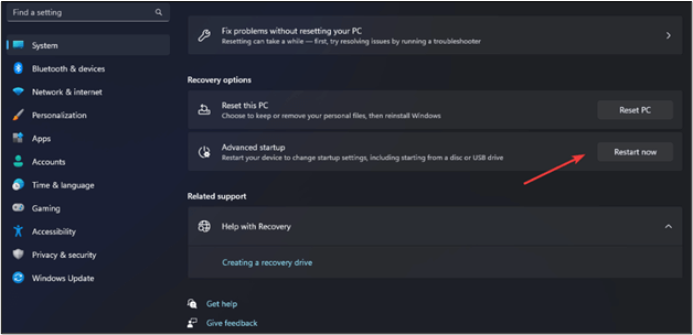 restart now option given in front of advanced startup.