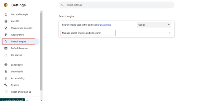 Select 'Manage search engines and site search'.