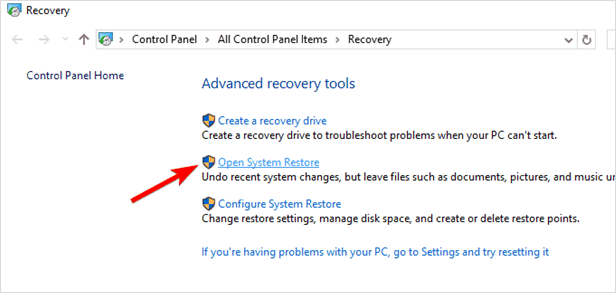 click on Open System Restore