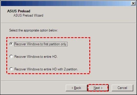 select recover windows to the first partition only