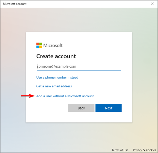 Add a user without a Microsoft account