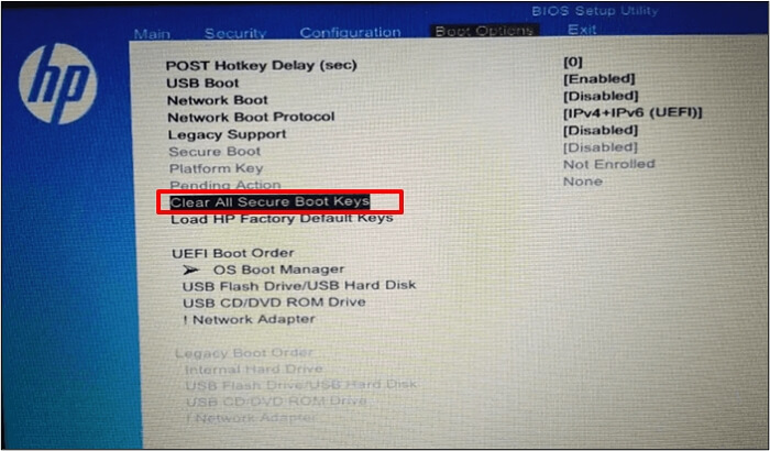 select Clear all Secure Boot Keys