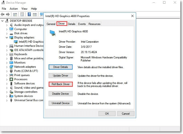 selecting the roll back driver