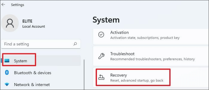 Recovery Option in Windows Settings