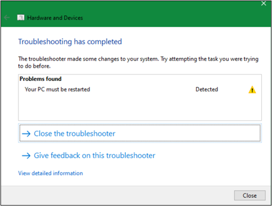 hardware and devices troubleshooter finished