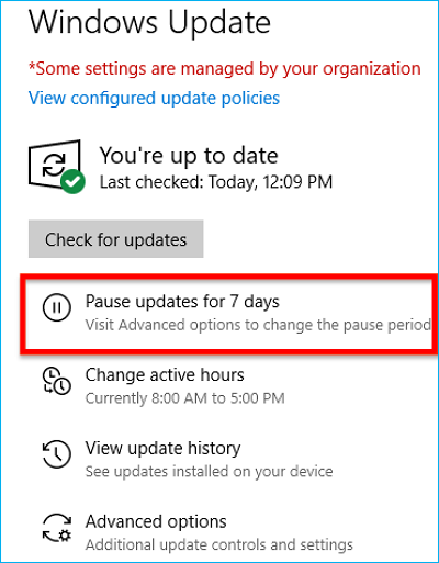 pause Windows updates for 7 days