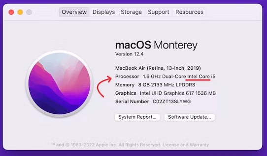 the intel mac shows the processor i5 or i7