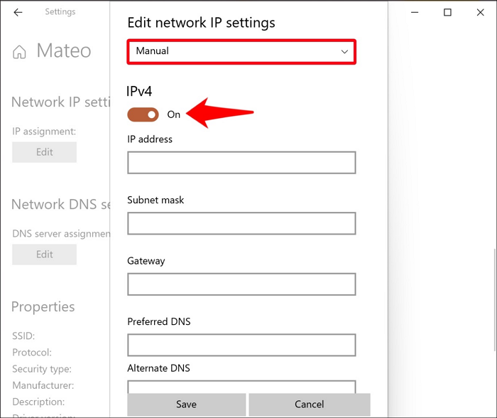 Toggle on the IPv4 switch