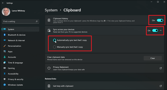 Turn on clipboard history from Settings