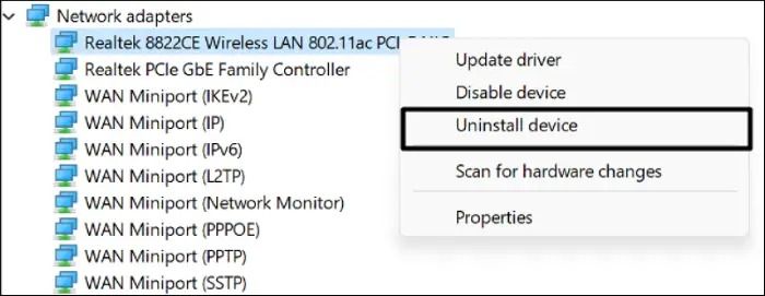 Right-click on the network adapter you want to uninstall