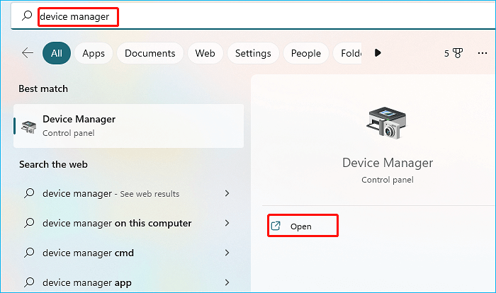 type device manager in the Windows search box