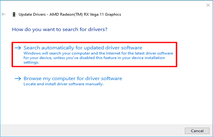 click search automatically for updated driver software