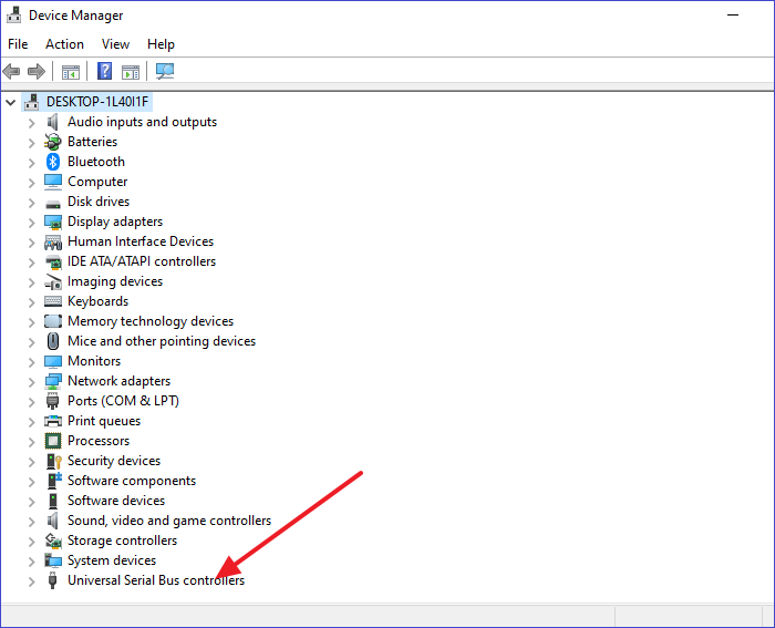 Navigate to Universal Serial Bus Controllers