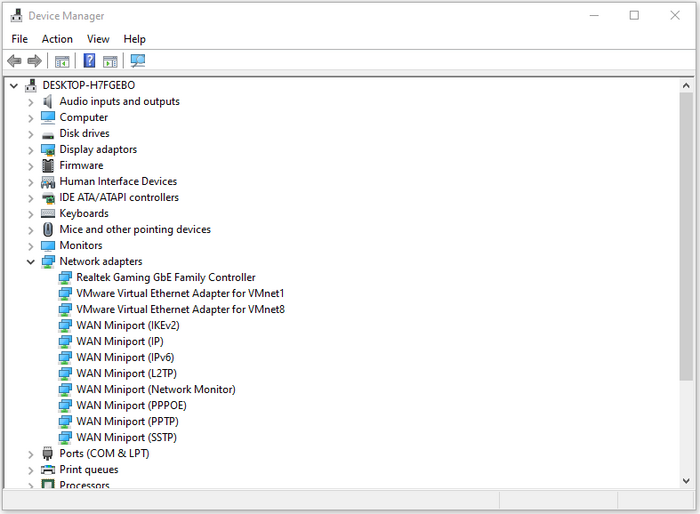 update wan miniport driver using device manager