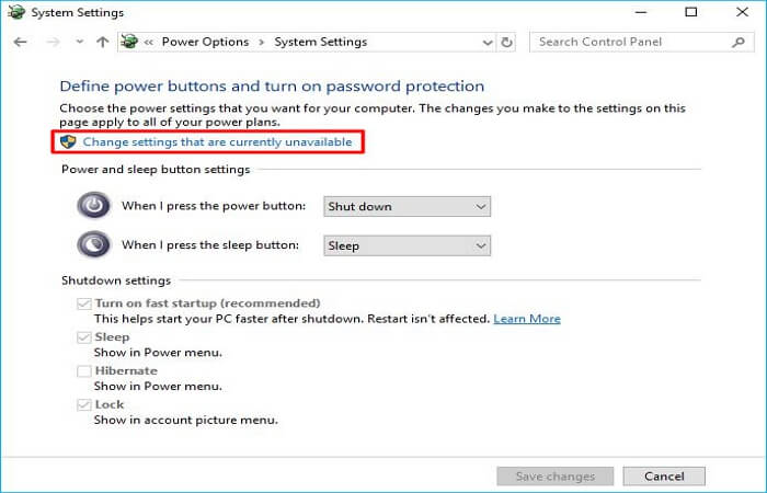 select Change settings that are currently unavailable