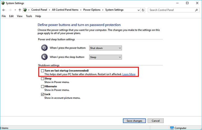 uncheck the Turn on fast startup (recommend) option
