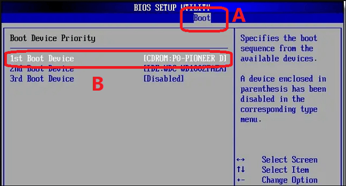 take the CD ROM (B) to the top of the boot options