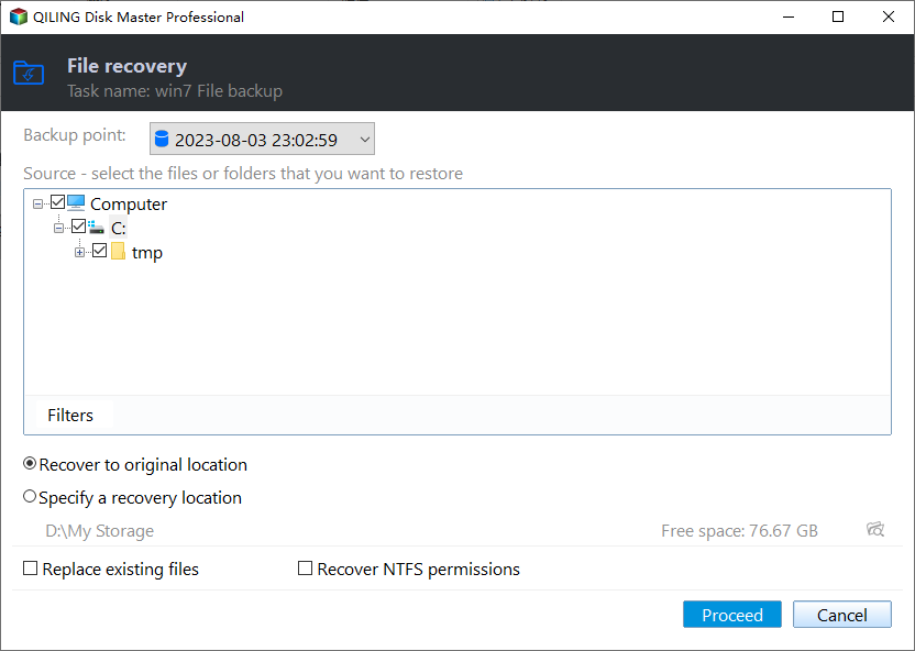 click recover to restore the image file to other drive