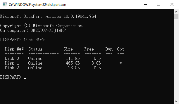 List disk and check disk partition type in diskpart