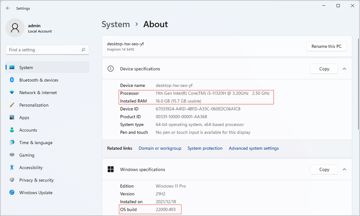 check processor, ram, and OS build