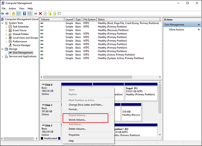 shrink volume by computer management