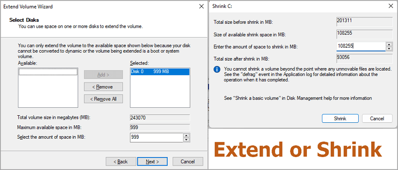 extend or shrink volume