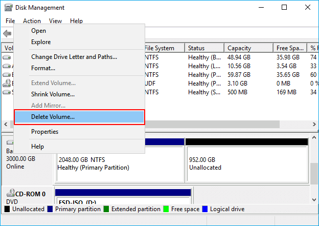 Delete volume on local hard drive.