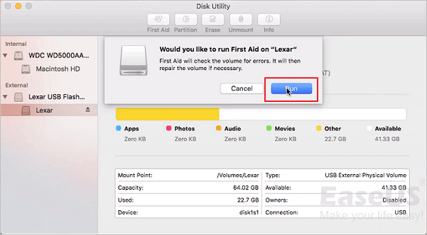 Check and repair errors on USB.