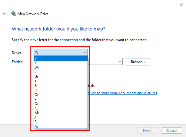 Select a local drive to connect to the network drive