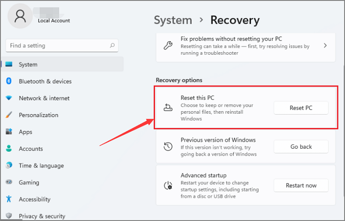 reset pc windows 11